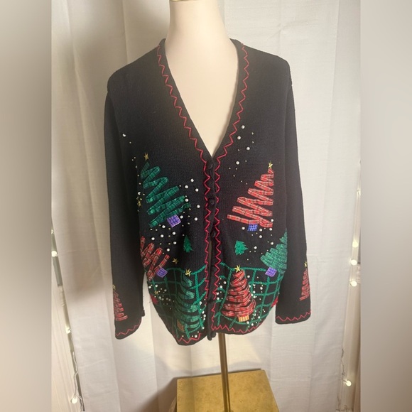 Vintage Festive Black Cardigan with Snowman Design 2X - Picture 5 of 9
